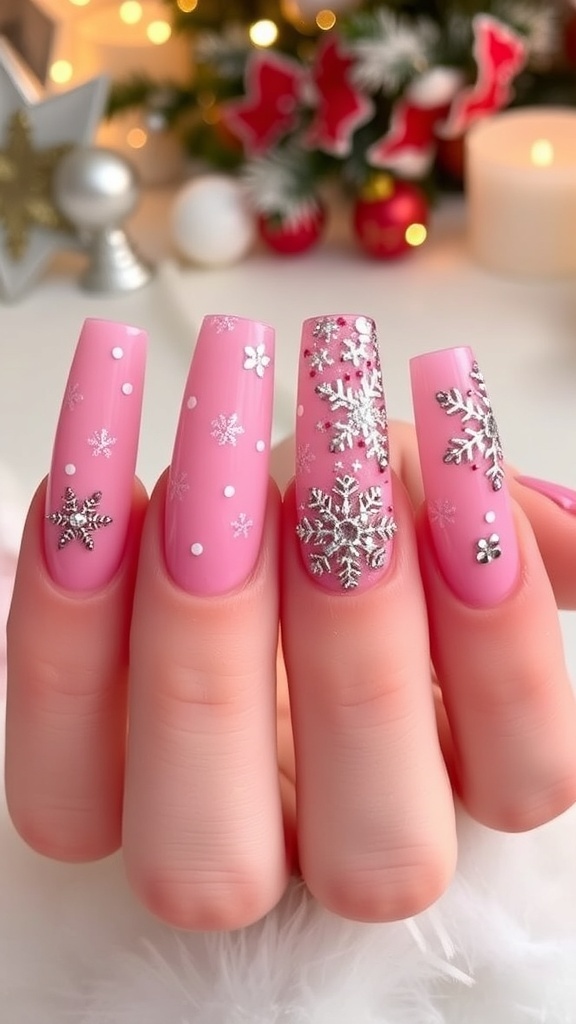 Elegant Pink Christmas Nails on Long Coffin Tips Elegant pink Christmas nails on long coffin tips with snowflake designs and glitter.